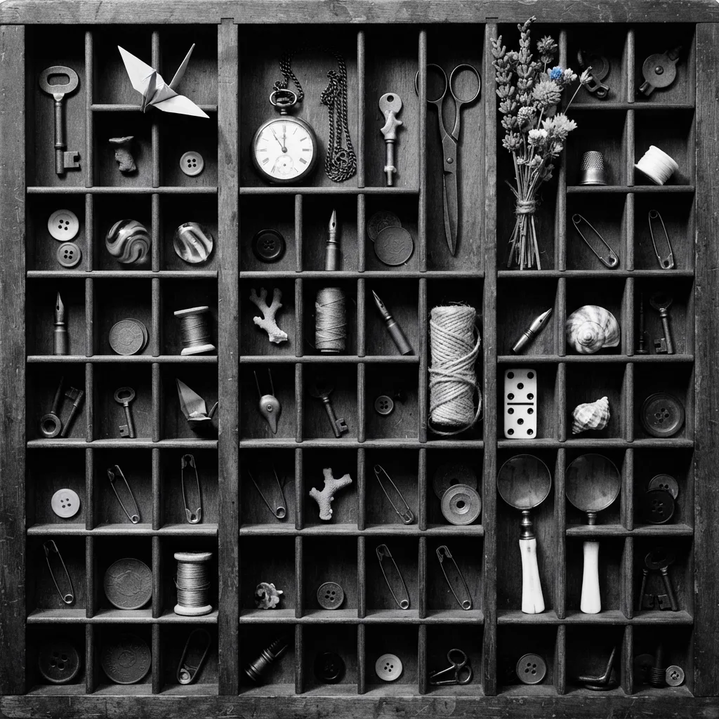 Casse d'imprimeur : un cadre de bois compartimenté, photographié en noir et blanc.
