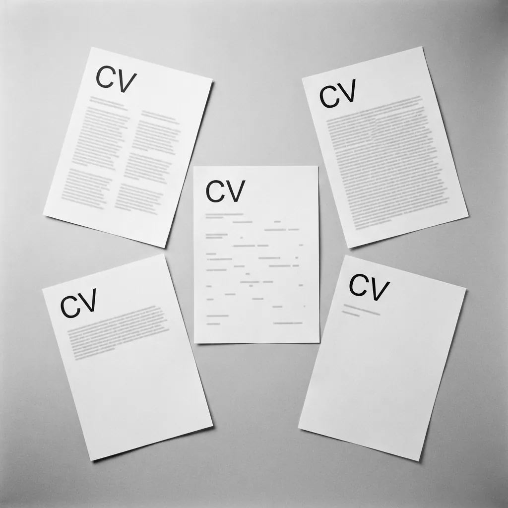 Cinq exemplaires du même CV posés à plat, photographiés de dessus en noir et blanc : le texte est disposé autrement sur chacun, et l'un d'eux est presque vide.