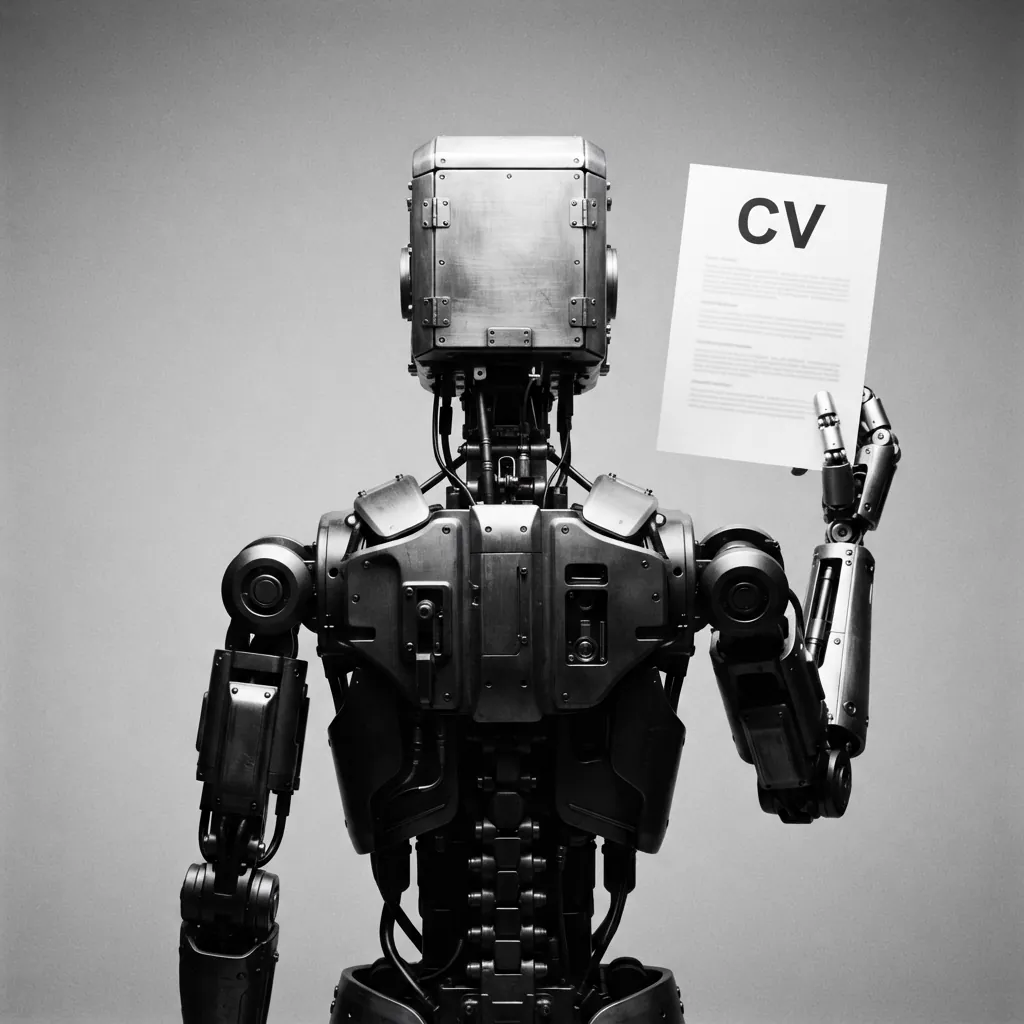 Robot humanoïde à tête carrée, photographié de dos en noir et blanc, tenant à bout de bras une feuille marquée « CV ».